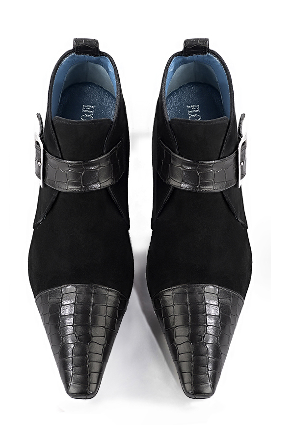 Satin black women's ankle boots with buckles at the front. Tapered toe. Medium block heels. Top view - Florence KOOIJMAN